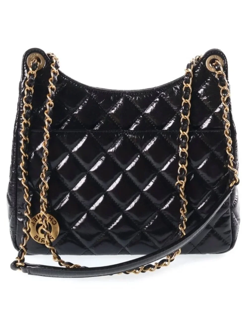 Chanel Hobo Quilted Chain Shoulder Bag Black Shiny Calfskin Gold